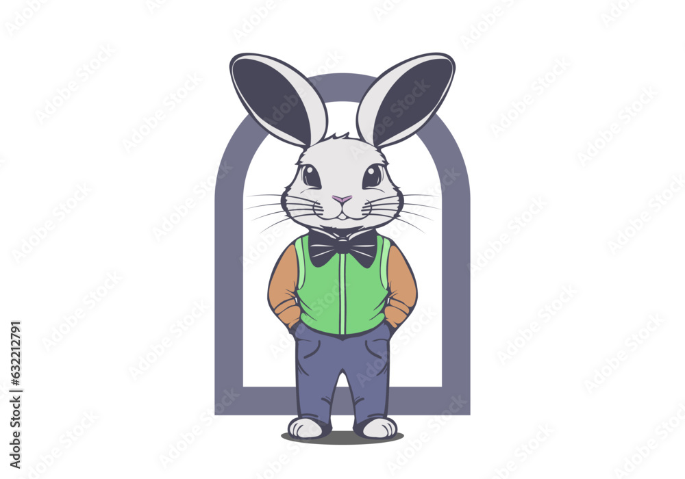 Vector cute trendy rabbit in pants and vest. Fairy easter bunny. White isolated background. Vector cute trendy rabbit in pants and vest. Fairy easter bunny. White isolated background.