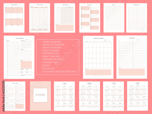 planner pages templates:daily planner, weekly planner,monthly planner, yearly planner,to do list,habit tracker,contact list, shopping list,notes, monthly budget,calendar 2023/2024/2025/2026 peach