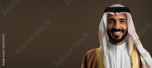 Portrait of arabian man with traditional clothes on brown background