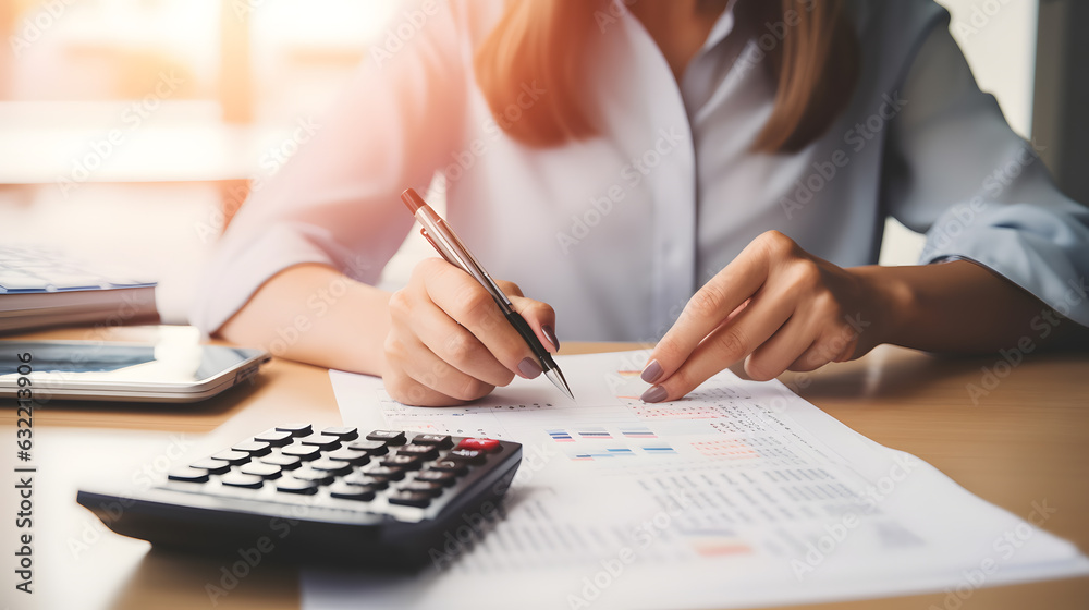 Naklejka premium The female entrepreneur skillfully wielded her pen and calculator to crunch numbers for her business projections.