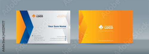 Set of double sided business card templates with simple blue folded ribbons on orange and white background