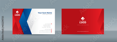 Set of double sided business card templates with simple blue folded ribbons on red and white background