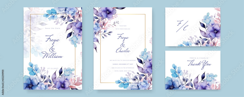 Blue and white modern wedding invitation card with flora and flower