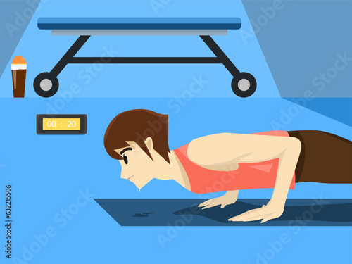 Man exercising in push ups with bench, stopwatch and supplements in living room at his home. Vector illustration cartoon style for lifestyle. Male exercising push up of indoor at home. Daily life 