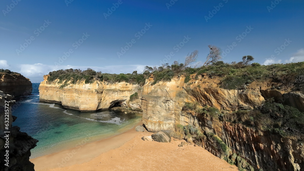 Western cliffs and beach at the bottom of Loch Ard Gorge seen from Shipwreck Walk. Port Campbell NP-Australia-823
