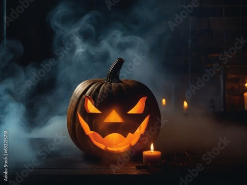 Halloween decorated pumpkins sit on a table in a dark, candlelit room. generative AI