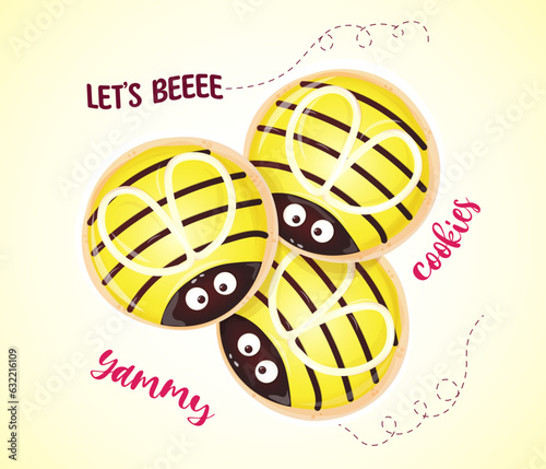 Cute cookies decorated with bee characters for birthday, party, baby shower
