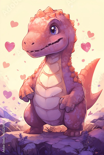 Cute cartoon baby dinosaur holding a heart. Postcard. Valentine's Day. Generative AI © Tetiana