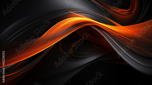 Abstract art in black with bright orange details in its wavy liquid. Flows randomly in the horizontal direction. 