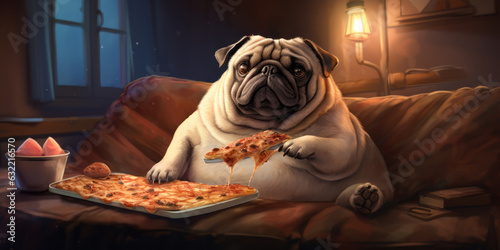 A cute overweight dog caught eating pizza on the couch. Naughty pooch relaxing on the sofa. Anthropomorphized dog. photo