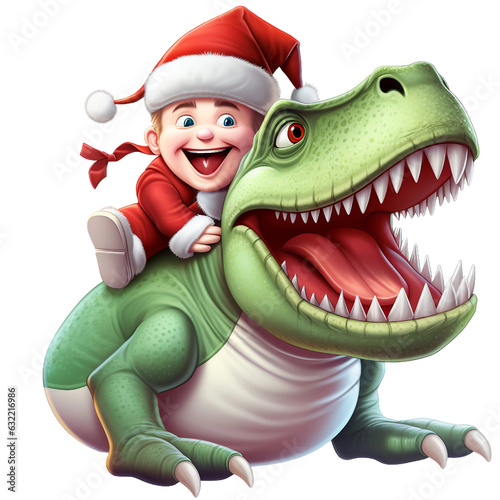 Christmas little cute boy wear santa claus dress ride with  a green T rex Dinosaur isolated