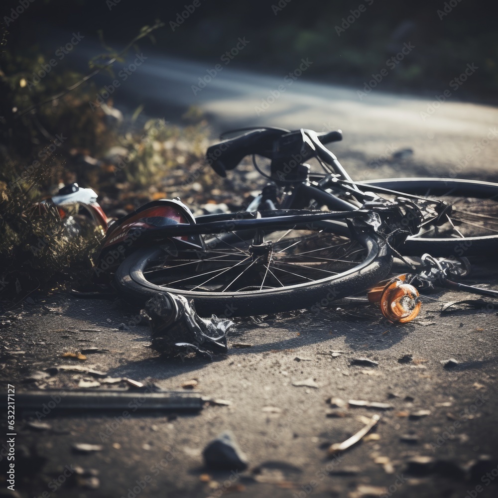 Bike accident with broken bike and helmet after road accident. Generative AI Bike accident with broken bike and helmet after road accident. Generative AI