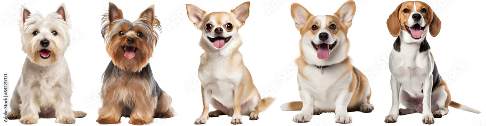 Collection of happy sitting dogs (highland terrier, yorkshire terrier, chihuahua, corgie, beagle), animal bundle isolated on white background