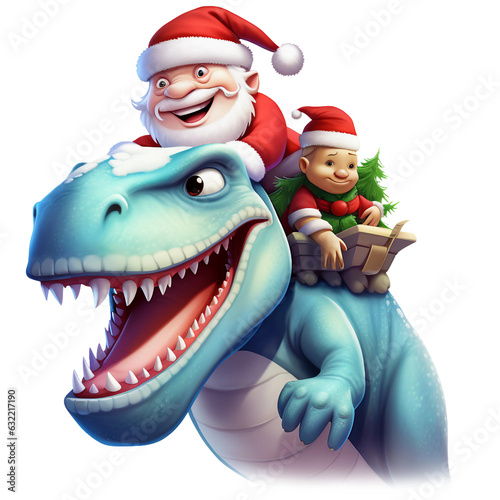 Christmas Santa Claus with a little boy are on a ride with blue T rex Dinosaur isolated © Md Shahjahan