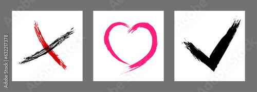 The cross, heart and OK symbol are hand-drawn with a brush. Prohibition, denial, error. Love. Approval, consent. Vector, set of 3 characters