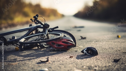 Bike accident with broken bike and helmet after road accident. Generative AI