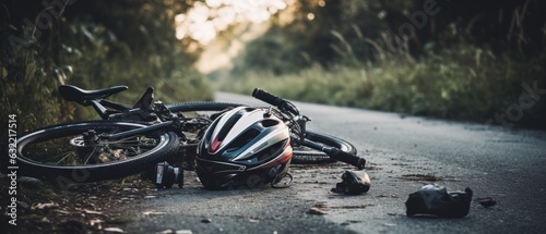 Bike accident with broken bike and helmet after road accident. Generative AI