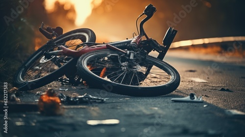 Bike accident with broken bike and helmet after road accident. Generative AI