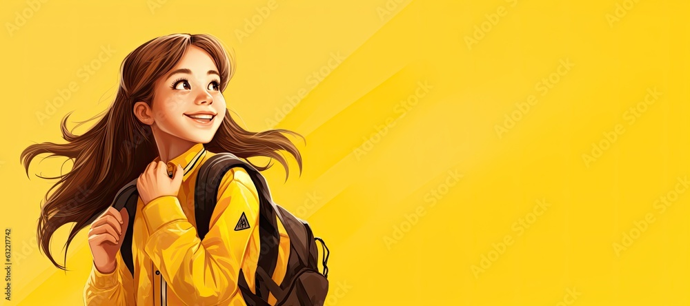 Cute Cartoon Girl Going Back to School on a Banner with Space for Copy