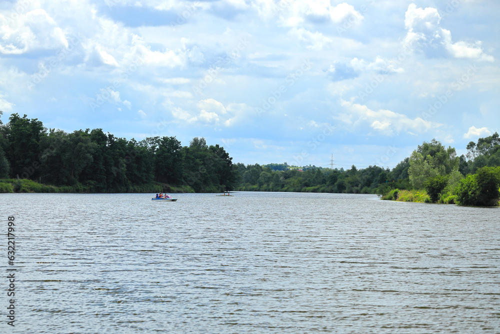 Boating on the Vistula river in beautiful natural surroundings. Vistula near Tyniec, Poland, Wisła okolice Tyńca, Polska