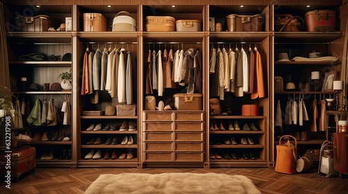 Illustration of a woman wardrobe with clothes and accessories in the store, ai generative