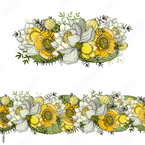 Seamless stripe and composition with flowers and leaves of bindweed isolated on white background. Hand drawn flowers for invitation, wedding or postcard. EPS 10 vector illustration.