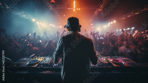 DJ performing in front of a lively crowd at a music festival. Generative AI