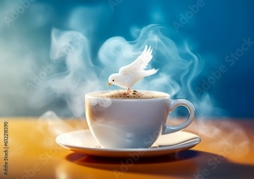 coffee cup with steam cloud in the morning, bird above it