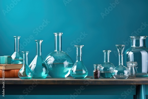 Glass flasks and test tubes with water on a blue background. Chemical laboratory. Generative AI photo