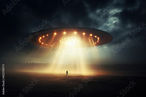 Illuminated UFO Alien Spaceship Over One Man at Night. Alien Abduction, Contact Concept.
