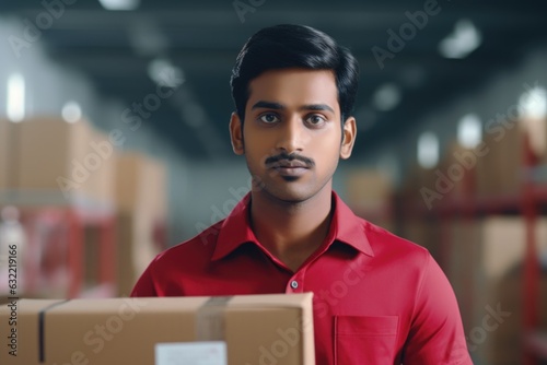 Indian man in red shirt in delivery service warehouse, looking at camera, Generative ai.