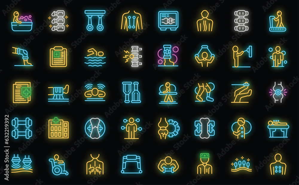 Physiotherapy icons set outline vector. Treatment exercise. Session program neon color on black Physiotherapy icons set outline vector. Treatment exercise. Session program neon color on black