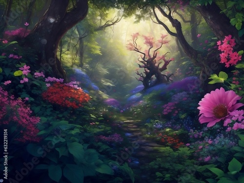 Image of a vibrant forest bursting with life  from colorful flowers to diverse wildlife. The composition celebrates the miraculous beauty of nature s creations