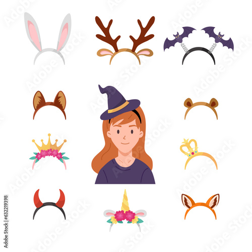Headbands set, Halloween costume accessories - cartoon flat vector illustration isolated on white background.