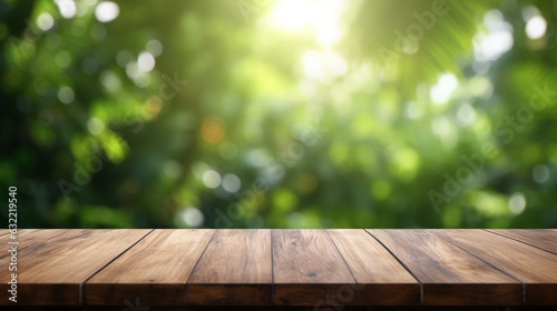 wooden tabletop on a sunny day on a green blurred background of nature. Generative Ai.