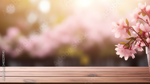 a small bouquet with sakura flowers on an empty wooden tabletop against the backdrop of a blooming garden on a sunny day. Generative Ai.