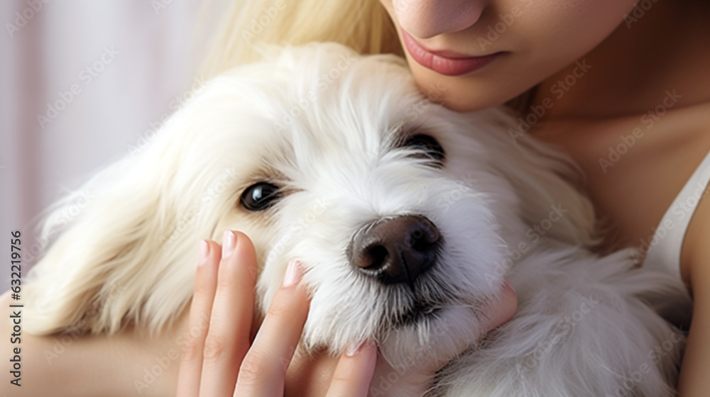 young woman strongly presses the head of a dog looking at the camera. Generative Ai.