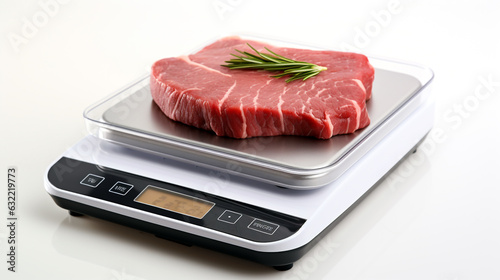 a piece of raw meat on electronic scales on a white background. Generative Ai.