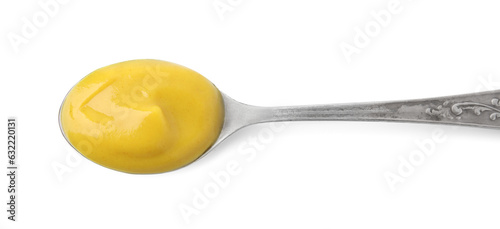 Spoon of tasty curry sauce isolated on white, top view