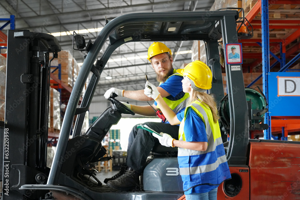 Storehouse workers are checking stock and inventory in retail warehouse. Business factory industry concept. Storehouse workers are checking stock and inventory in retail warehouse. Business factory industry concept.