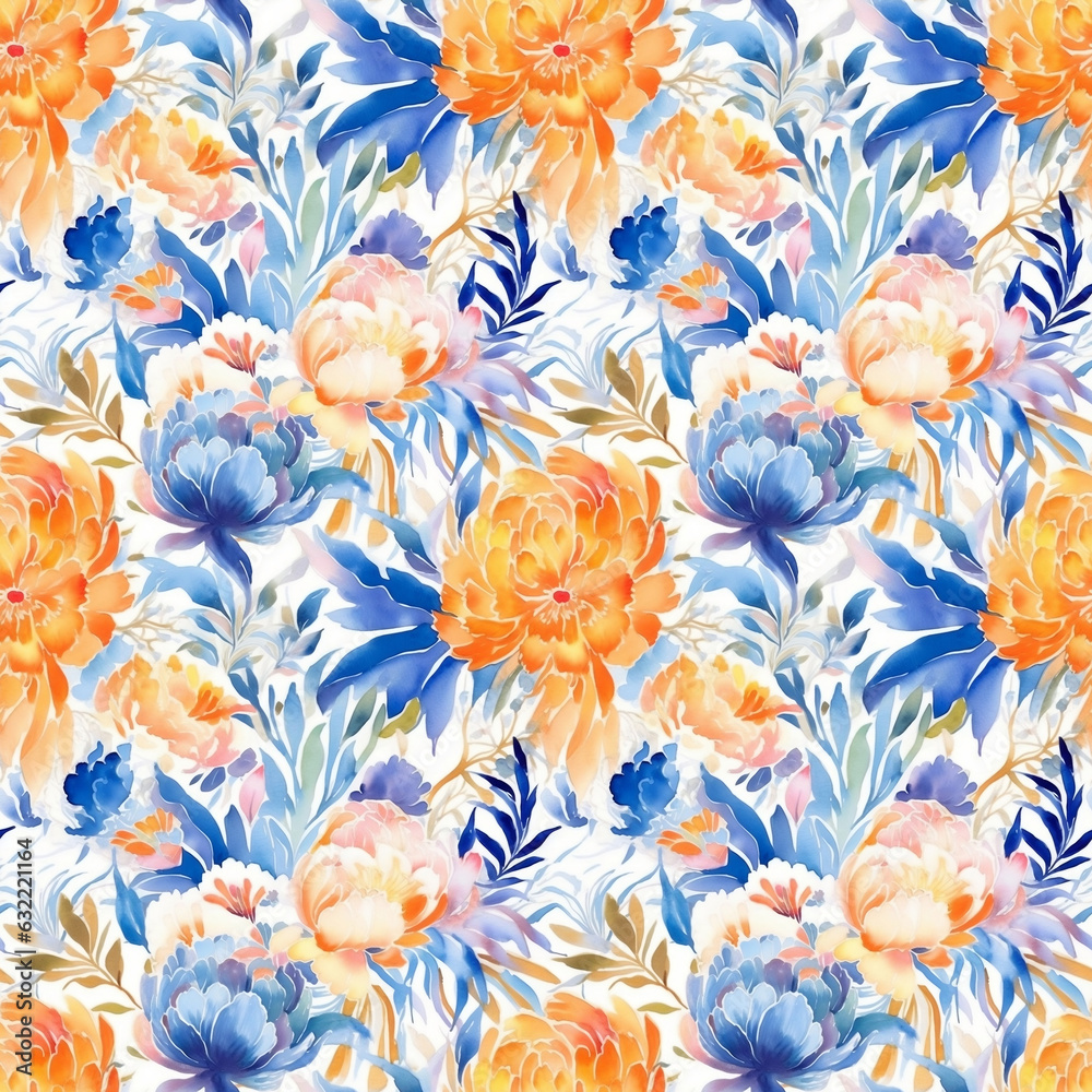 seamless pattern: blue and orange flowers painted in watercolor on white background. Generative AI