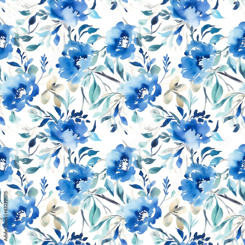seamless pattern: blue flowers painted in watercolor on white background. Generative AI