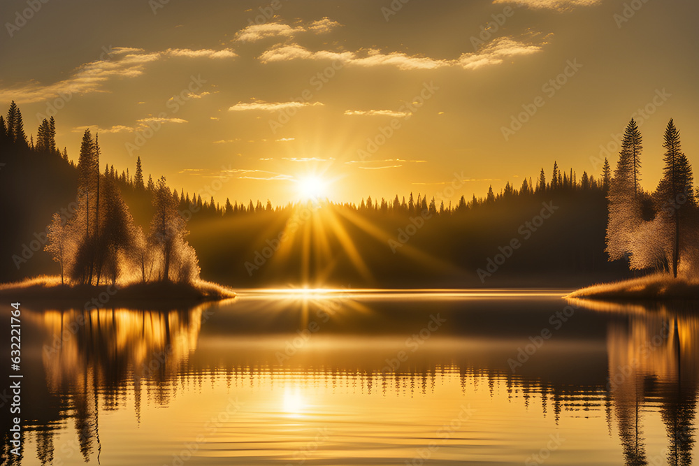 Golden sunlight danced on the tranquil surface of the glassy lake. Generative AI