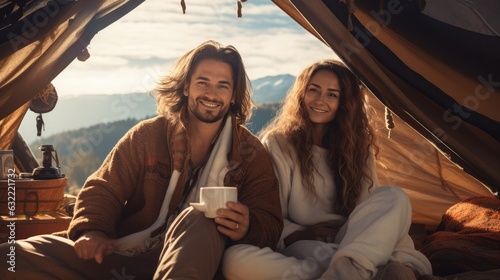 happy and funny woman and man drinking coffee in tent with beautiful mountain background