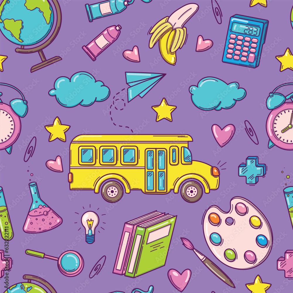 Bright seamless pattern with school bus and supplies and creative elements in doodle style on purple background. Back to school background Bright seamless pattern with school bus and supplies and creative elements in doodle style on purple background. Back to school background