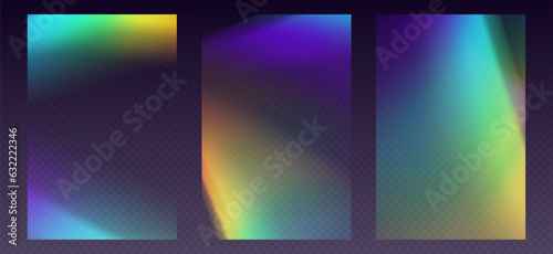 Crystal refraction overlay, leak flare, rainbow sunlight effect, holographic reflections for posters or social media. Blurred optical rays, vintage camera glares. Vector illustration.