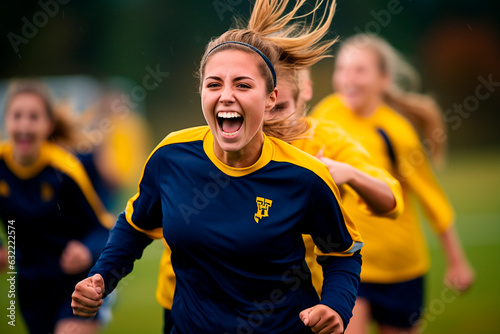 celebration of a goal in women's soccer, women with great joy celebrating success © Antonio