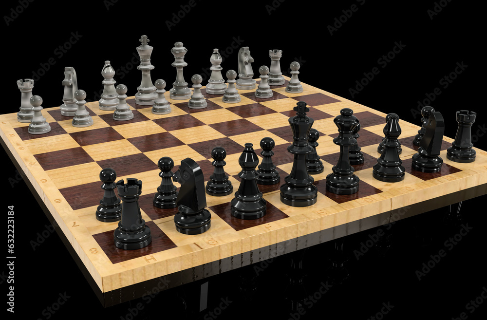 Chess layout on a wooden chessboard. Heavy stone blocks. Black background Chess layout on a wooden chessboard. Heavy stone blocks. Black background