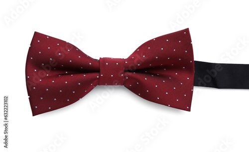Stylish burgundy bow tie with polka dot pattern on white background, top view