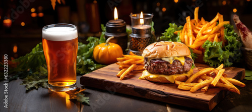 Cheeseburger  Homemade  Halloween concept. Close-up photography of Delicious and tasty Cheeseburger malt cheese tomatoes  lettuce  pickles  fried potatoes   Halloween pumpkin  beer on a wooden board.